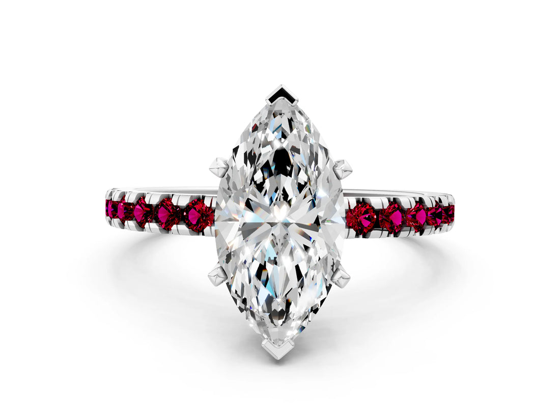 Platinum Marquise Cut Diamond Solitaire Ring with Round with Garnet side stone Pavé Band and Four-Prong Setting_12