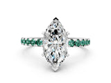 Platinum Marquise Cut Diamond Solitaire Ring with Round with Green Sapphire side stone Pavé Band and Four-Prong Setting_12
