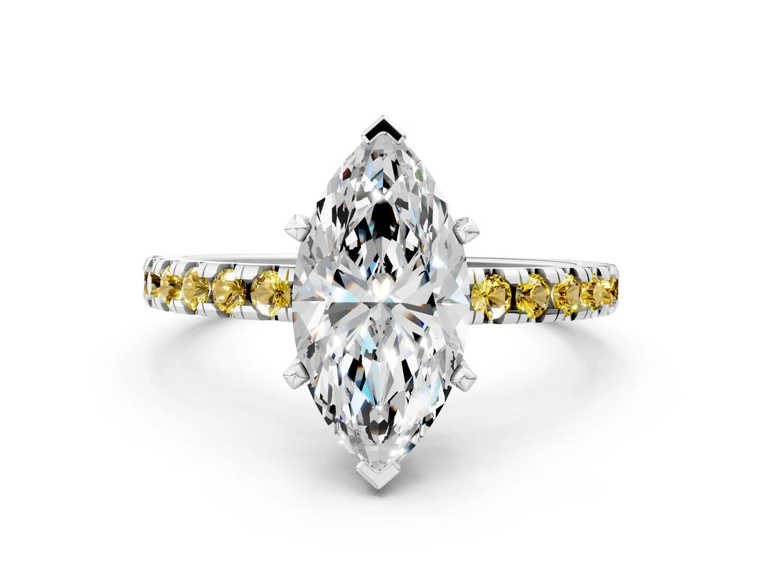 Platinum Marquise Cut Diamond Solitaire Ring with Round with Yellow Sapphire side stone Pavé Band and Four-Prong Setting_12
