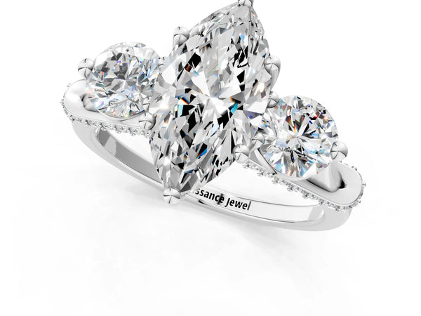 Platinum Marquise Curved Pave Three Stone Engagement Ring Setting