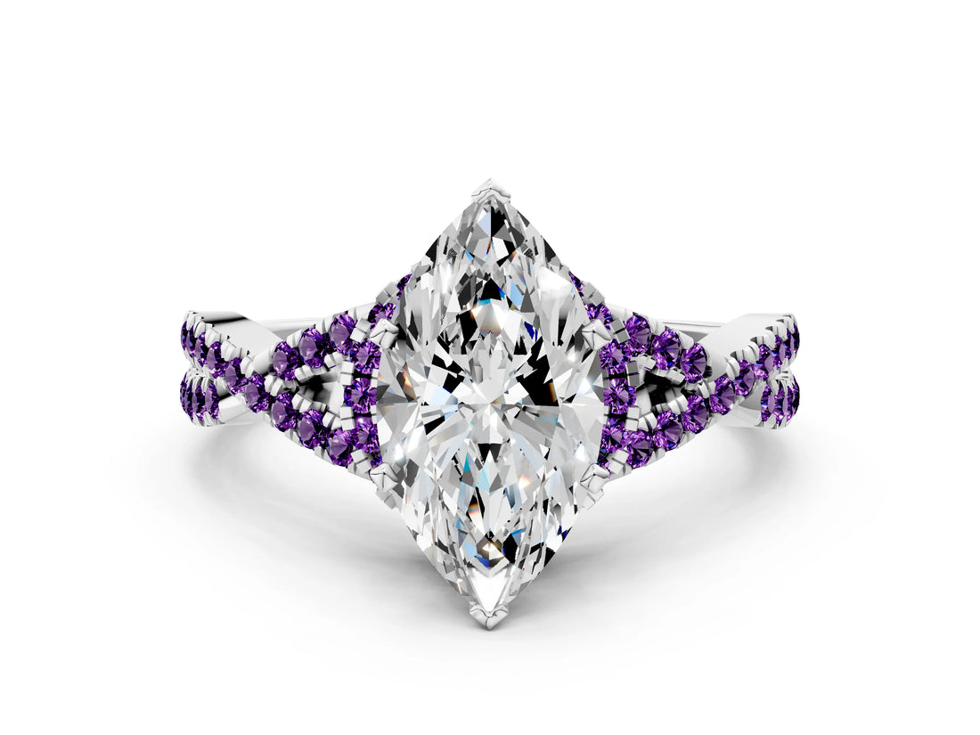 Platinum Marquise Cut Diamond with Amethyst side stone Halo Twist Band Solitaire Prong Setting Ring