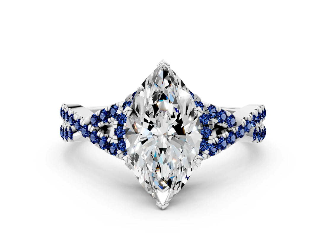 Platinum Marquise Cut Diamond with Blue Sapphire side stone Halo Twist Band Solitaire Prong Setting Ring