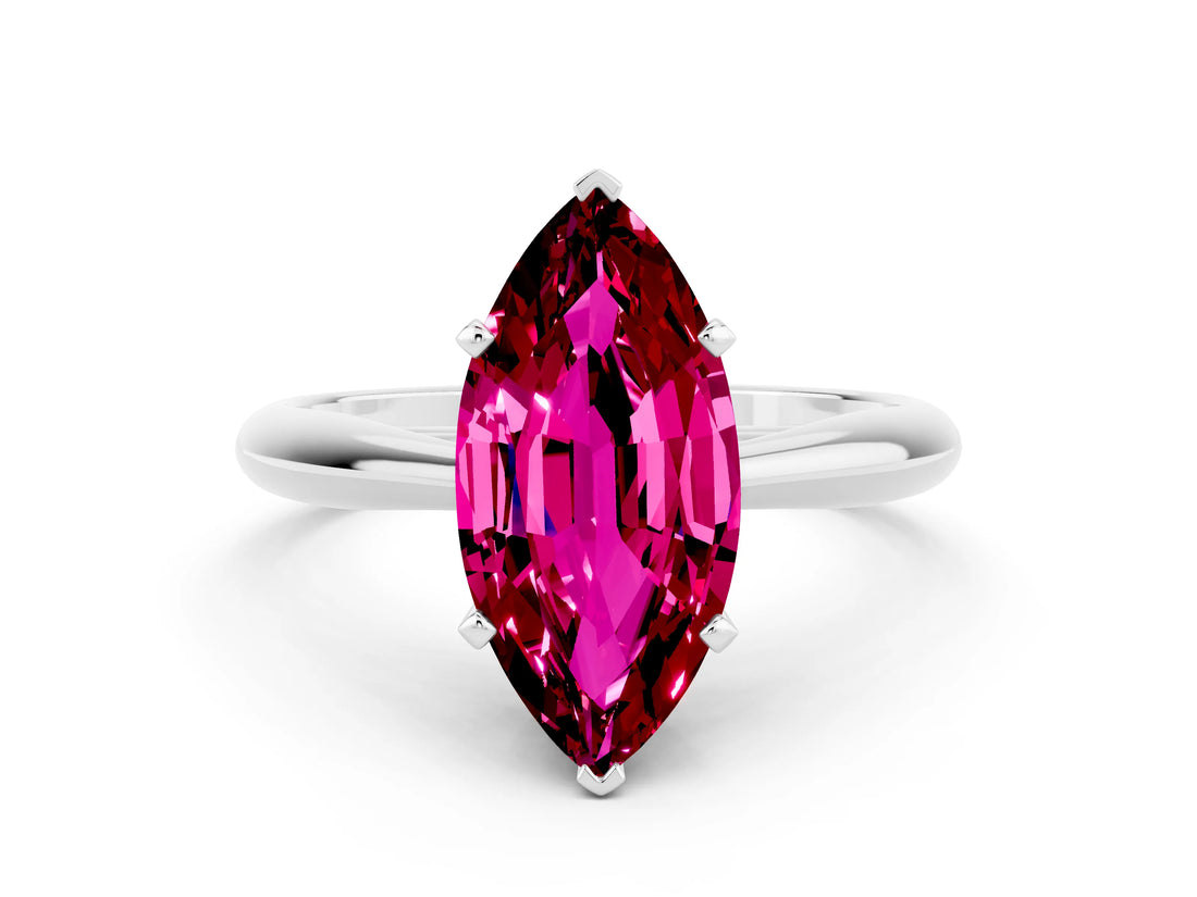 Platinum Marquise Cut Garnet Solitaire Engagement Ring with Cathedral Setting and Four-Prong Mount