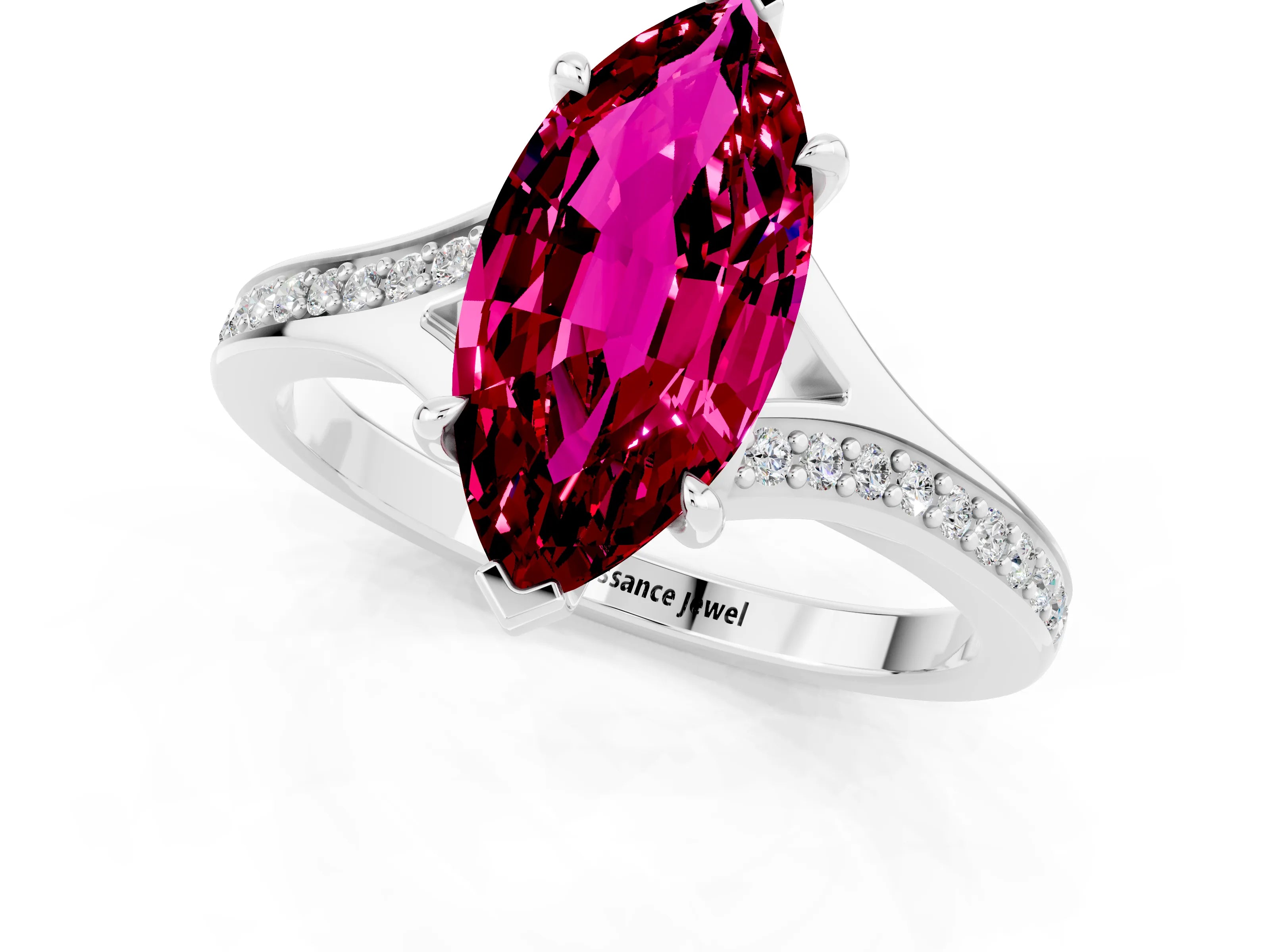 Platinum Marquise Cut Garnet Solitaire Ring with Pavé Band and Prong Setting_13