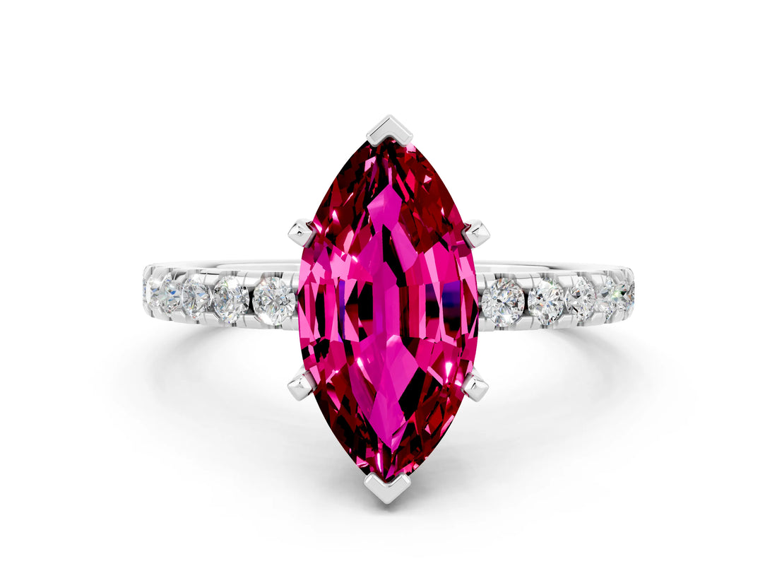 Platinum Marquise Cut Garnet Solitaire Ring with Round  Pavé Band and Four-Prong Setting_24