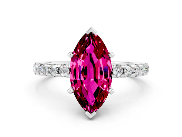 Platinum Marquise Cut Garnet Solitaire Ring with Round Pavé Band and Four-Prong Setting