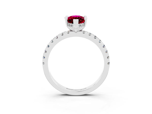 Platinum Marquise Cut Garnet Solitaire Ring with Round Pavé Band and Four-Prong Setting
