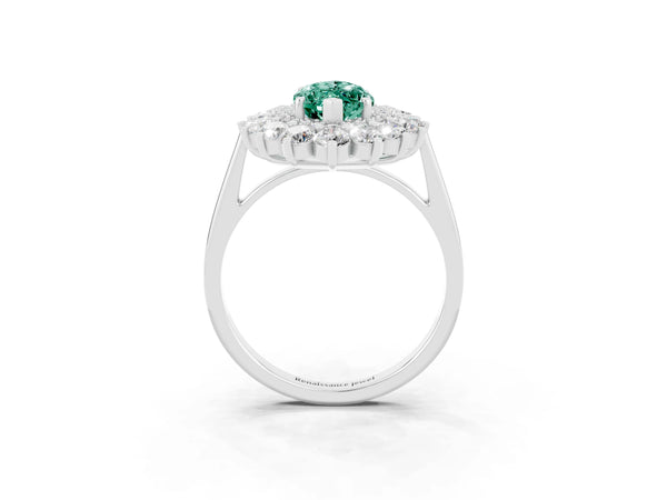 Platinum Marquise Cut Green Sapphire Floral Double Halo Engagement Ring with Prong Setting