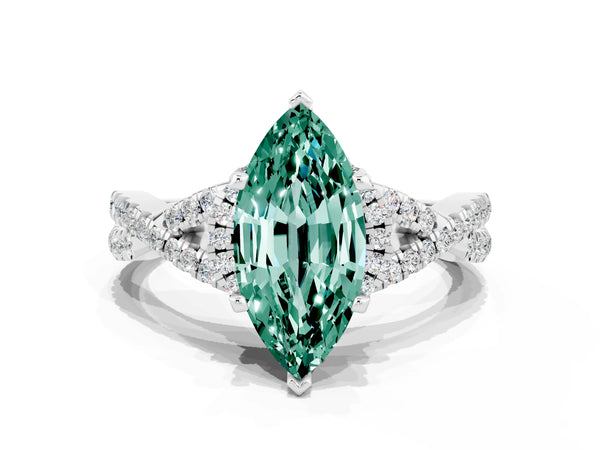 Platinum Marquise Cut Green Sapphire  Halo Twist Band Solitaire Prong Setting Ring
