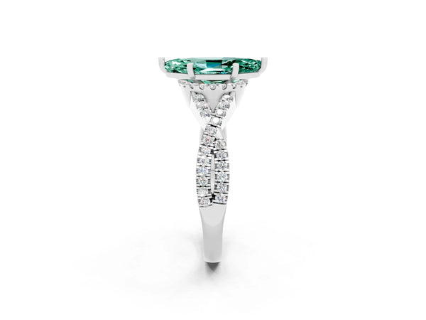 Platinum Marquise Cut Green Sapphire  Halo Twist Band Solitaire Prong Setting Ring