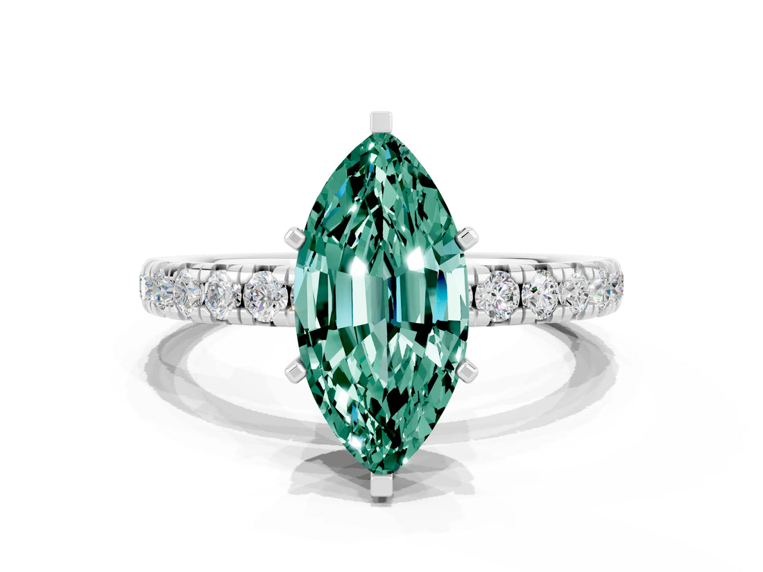Platinum Marquise Cut Green Sapphire Pavé Solitaire Ring with Round Band and Prong Setting_42
