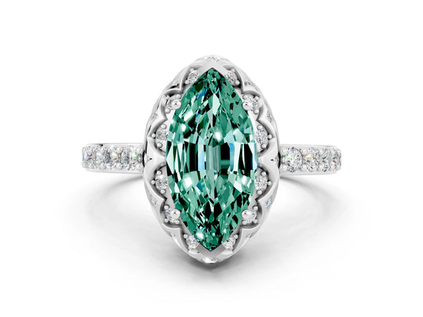 Platinum Marquise Cut Green Sapphire Scalloped Halo Engagement Ring with Round Shared Prong Band