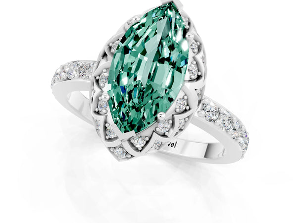 Platinum Marquise Cut Green Sapphire Scalloped Halo Engagement Ring with Round Shared Prong Band
