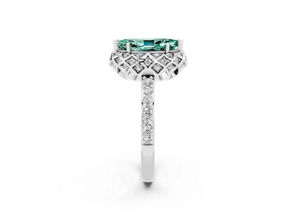 Platinum Marquise Cut Green Sapphire Scalloped Halo Engagement Ring with Round Shared Prong Band