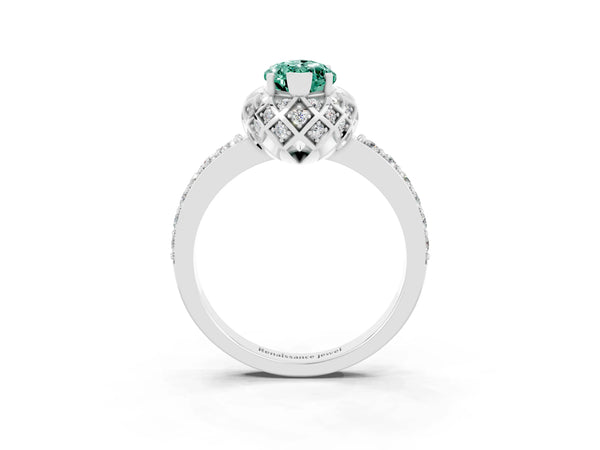 Platinum Marquise Cut Green Sapphire Scalloped Halo Engagement Ring with Round Shared Prong Band