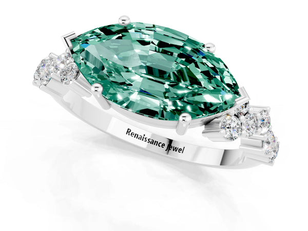Platinum Marquise Cut Green Sapphire Scattered Round Accent Ring with Prong Setting