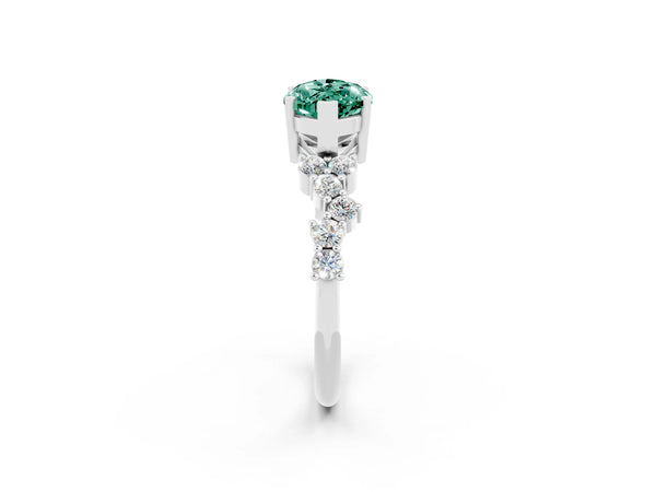 Platinum Marquise Cut Green Sapphire Scattered Round Accent Ring with Prong Setting