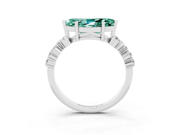 Platinum Marquise Cut Green Sapphire Scattered Round Accent Ring with Prong Setting