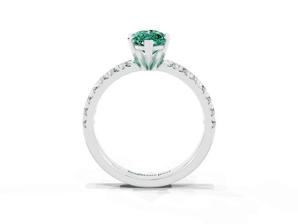 Platinum Marquise Cut Green Sapphire Solitaire Pavé Engagement Ring with Round Band and Prong Setting