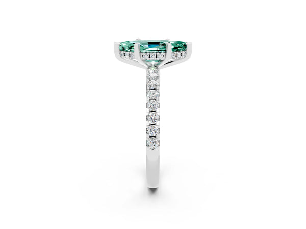 Platinum Marquise Cut Green Sapphire Solitaire Ring with Round Pavé Band and Four-Prong Setting