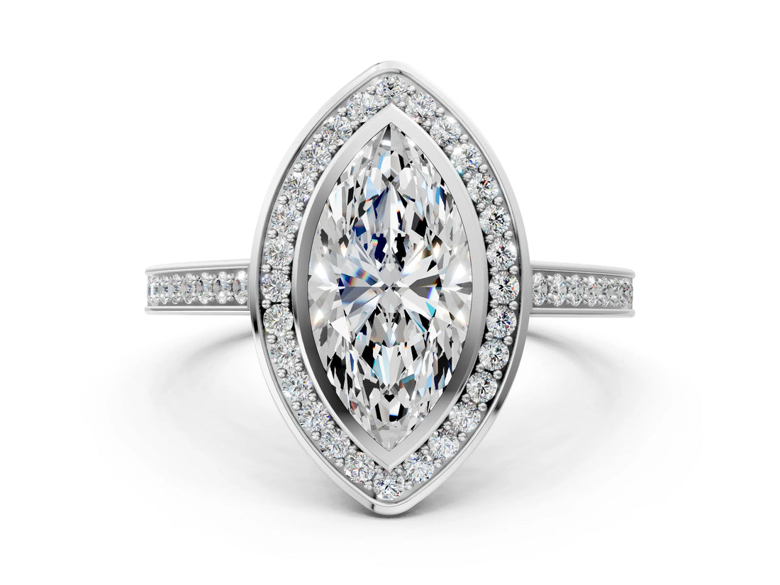Platinum Marquise Cut Halo Bezel Diamond Pave Band Ring_13