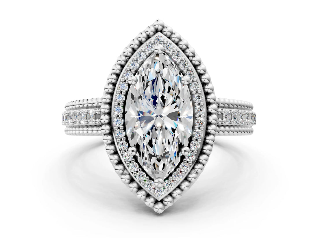 Platinum Marquise Cut Halo Diamond Ring with Beaded Split Shank and Four-Prong Setting_13