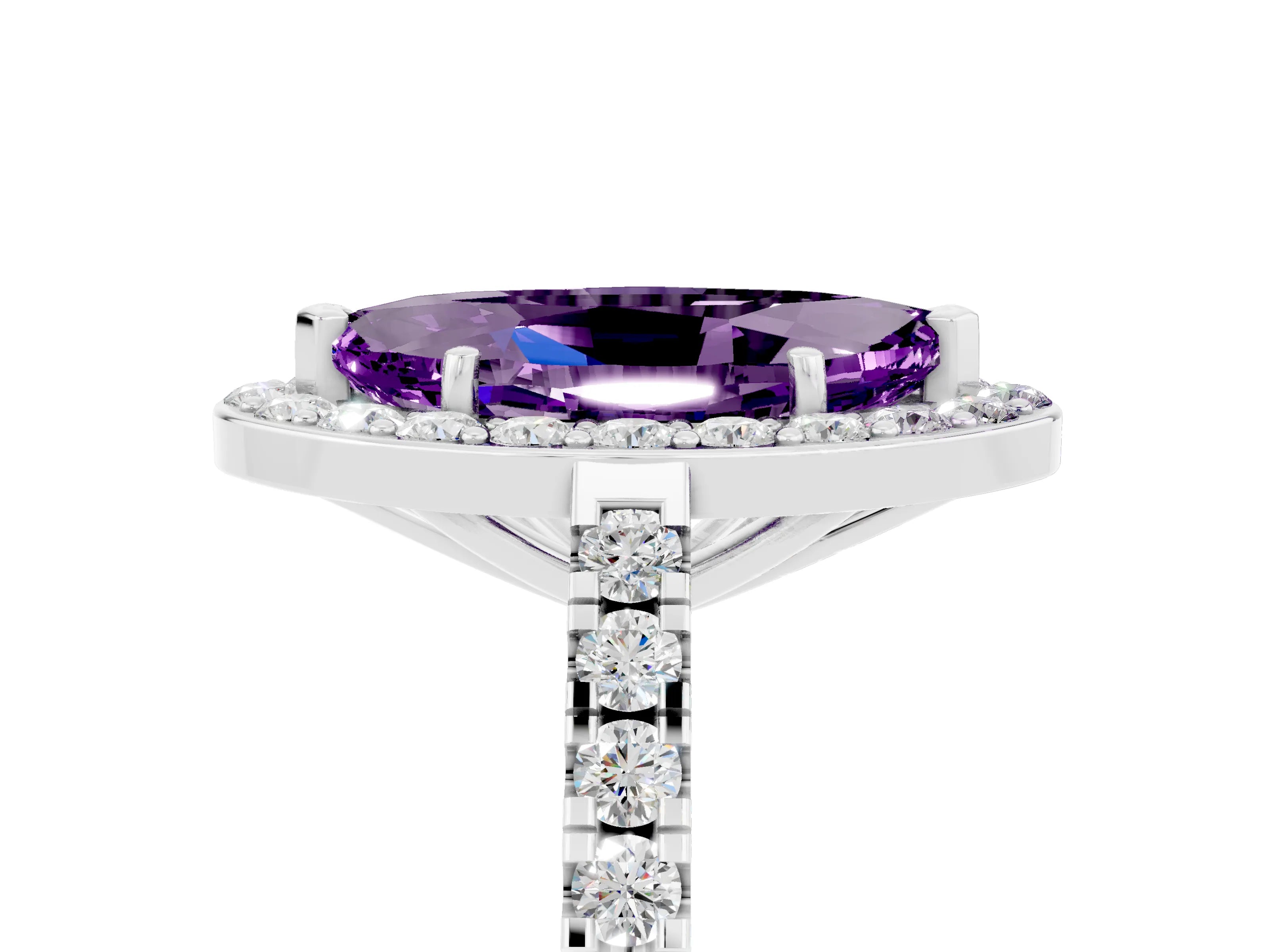 Platinum Marquise Cut Halo Diamond Ring with Pavé Band and Three-Prong Setting_12