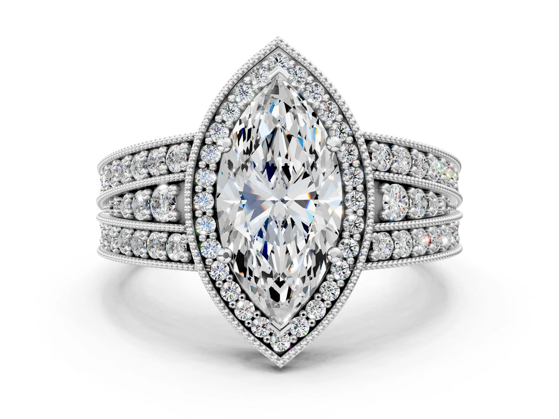 Platinum Marquise Cut Halo Diamond Split Shank Ring with Prong Setting_7