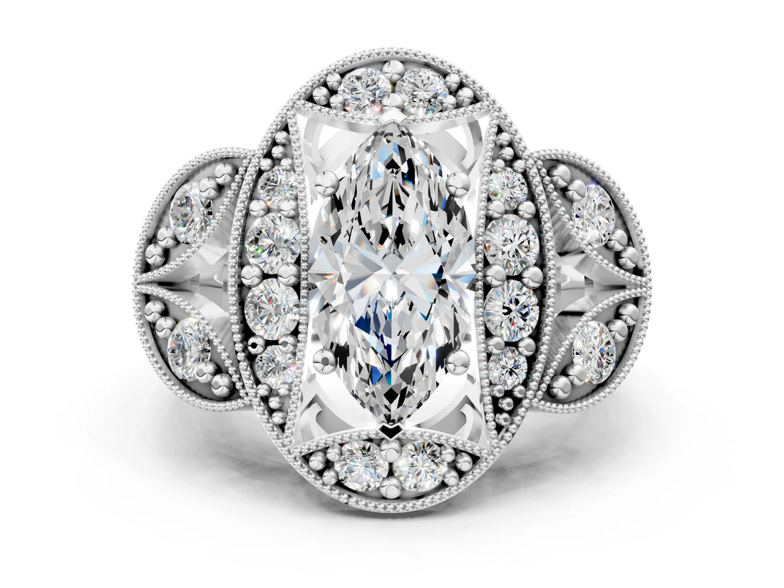 Platinum Marquise Cut Halo Milgrain Diamond Engagement Ring with Leaf Band and Four-Prong Setting_7