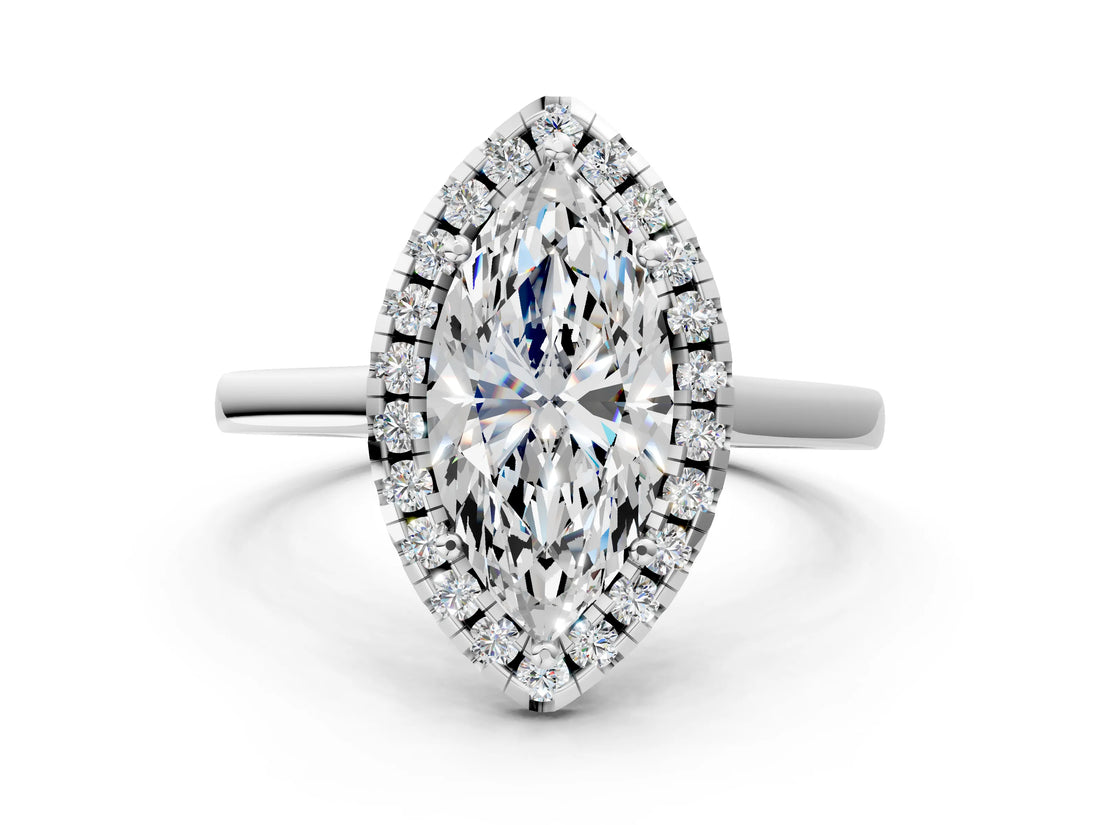 Platinum Marquise Cut Halo Round Diamond Solitaire Ring with Pavé Band and Four-Prong Setting_12