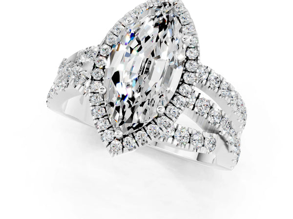 Platinum Marquise Cut Moissanite Halo Ring with Round Split Shank and Prong Setting