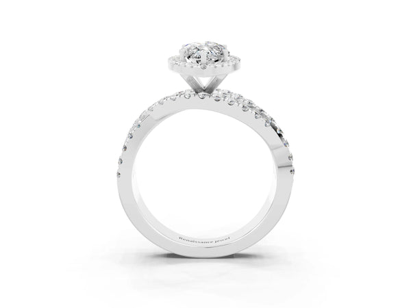 Platinum Marquise Cut Moissanite Halo Ring with Round Split Shank and Prong Setting