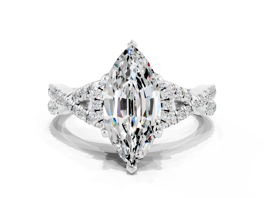 Platinum Marquise Cut Moissanite  Halo Twist Band Solitaire Prong Setting Ring_12