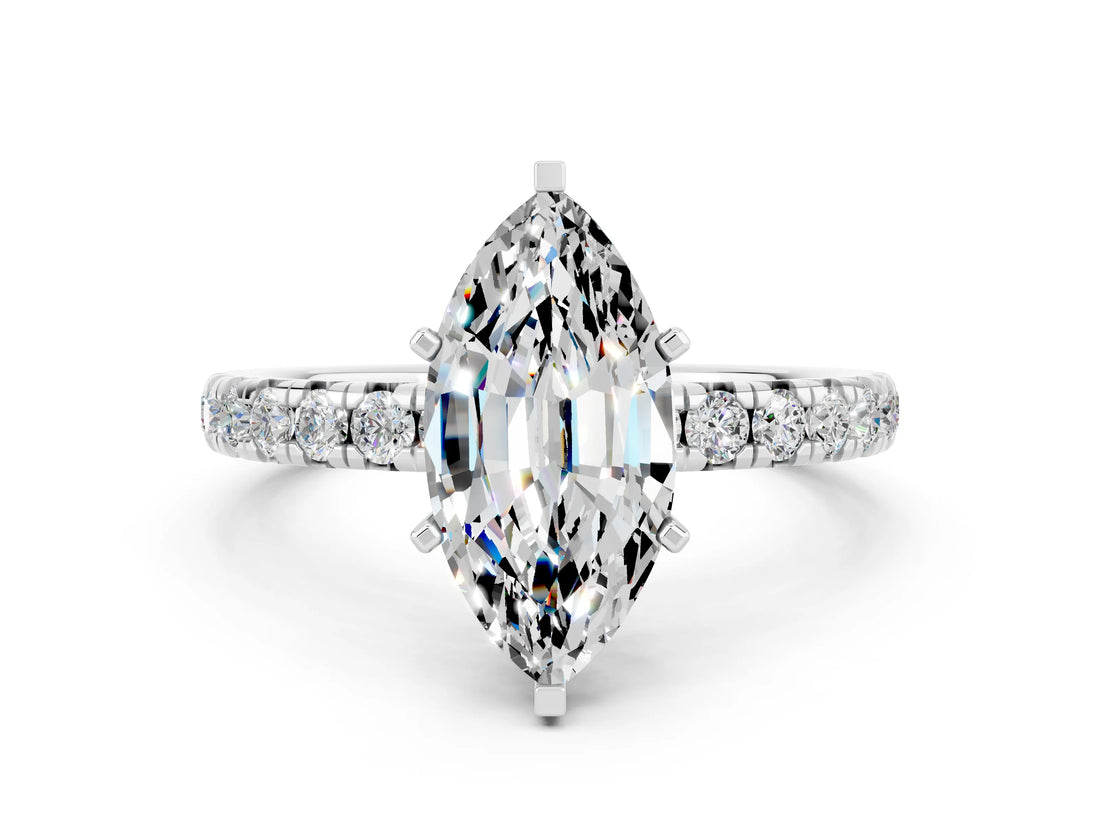 Platinum Marquise Cut Moissanite Pavé Solitaire Ring with Round Band and Prong Setting_42