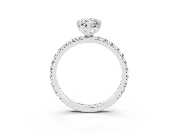 Platinum Marquise Cut Moissanite Pavé Solitaire Ring with Round Band and Prong Setting