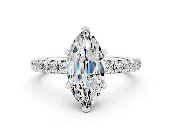 Platinum Marquise Cut Moissanite Solitaire Pavé Engagement Ring with Round Band and Prong Setting