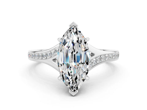Platinum Marquise Cut Moissanite Solitaire Ring with Pavé Band and Prong Setting_12