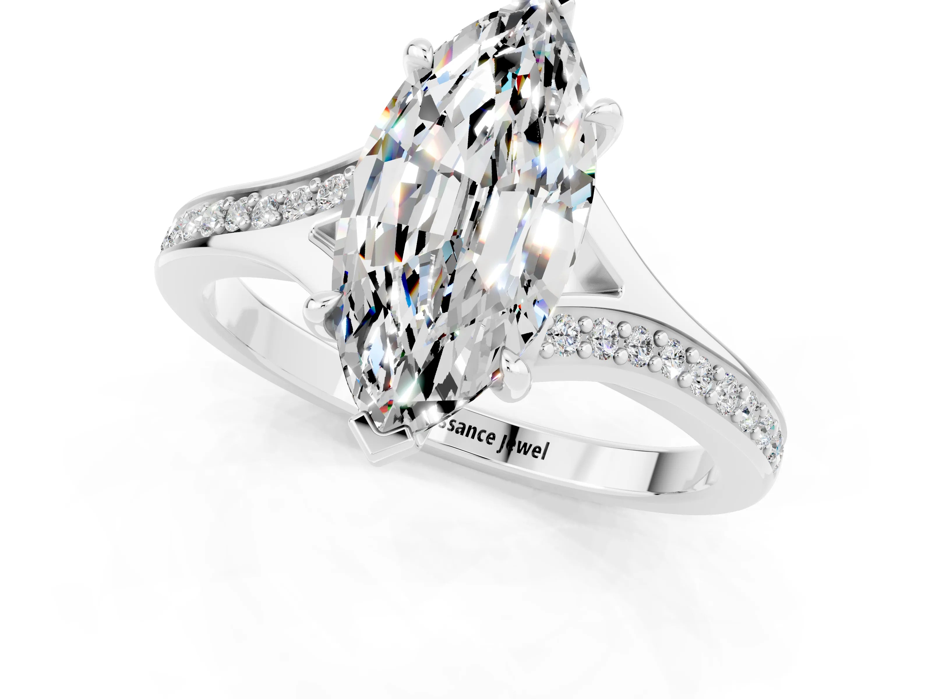 Platinum Marquise Cut Moissanite Solitaire Ring with Pavé Band and Prong Setting_13