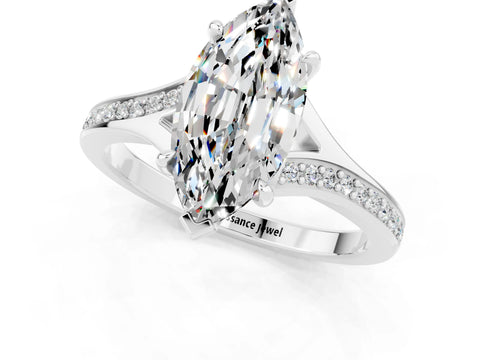 Platinum Marquise Cut Moissanite Solitaire Ring with Pavé Band and Prong Setting_13