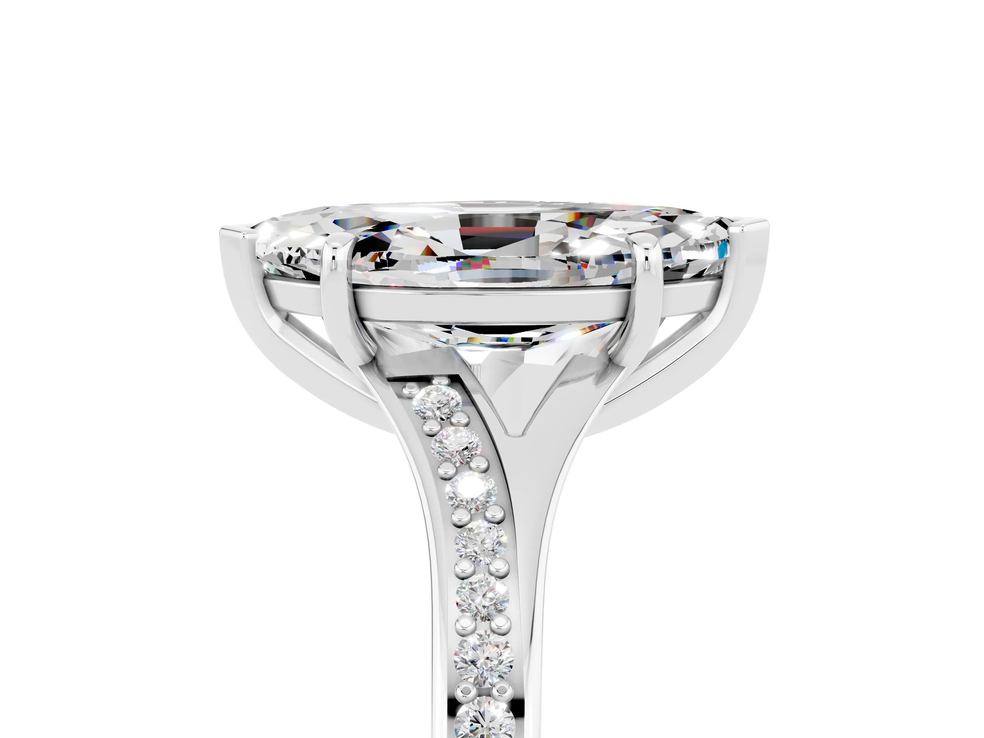 Platinum Marquise Cut Moissanite Solitaire Ring with Pavé Band and Prong Setting_17