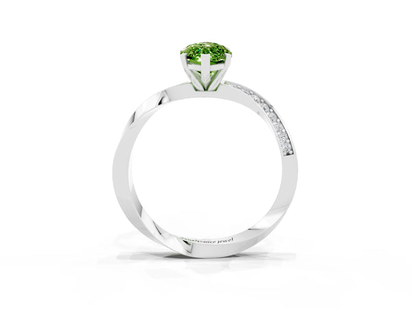 Platinum Marquise Cut Peridot Engagement Ring with Side Stone Accents and Four-Prong Setting