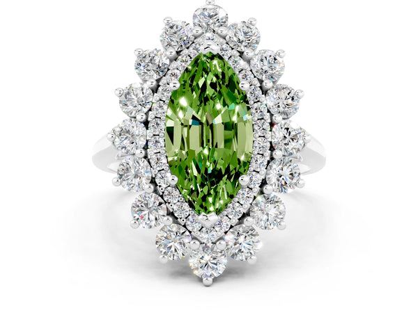 Platinum Marquise Cut Peridot Floral Double Halo Engagement Ring with Prong Setting