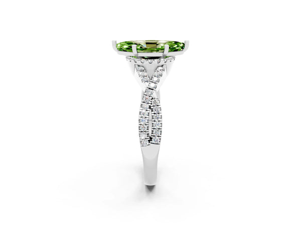 Platinum Marquise Cut Peridot  Halo Twist Band Solitaire Prong Setting Ring