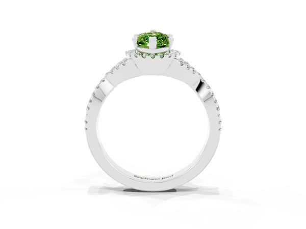 Platinum Marquise Cut Peridot  Halo Twist Band Solitaire Prong Setting Ring