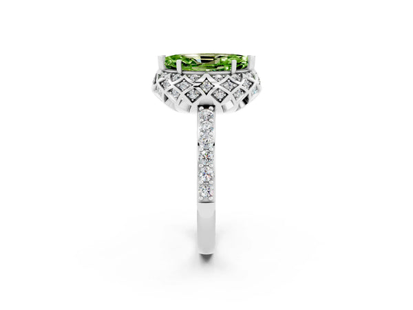 Platinum Marquise Cut Peridot Scalloped Halo Engagement Ring with Round Shared Prong Band