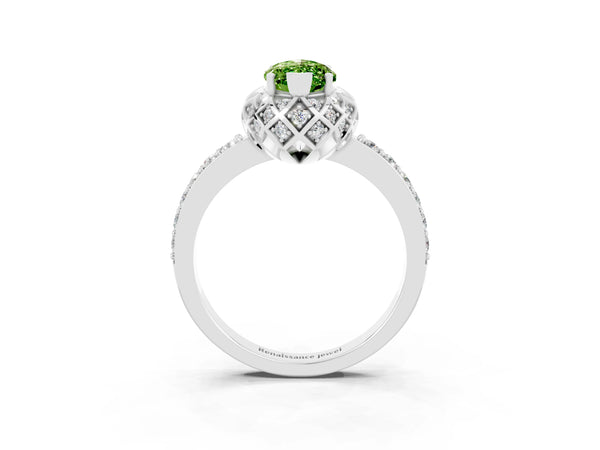 Platinum Marquise Cut Peridot Scalloped Halo Engagement Ring with Round Shared Prong Band