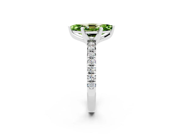 Platinum Marquise Cut Peridot Solitaire Pavé Engagement Ring with Round Band and Prong Setting
