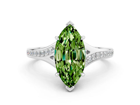 Platinum Marquise Cut Peridot Solitaire Ring with Pavé Band and Prong Setting_12