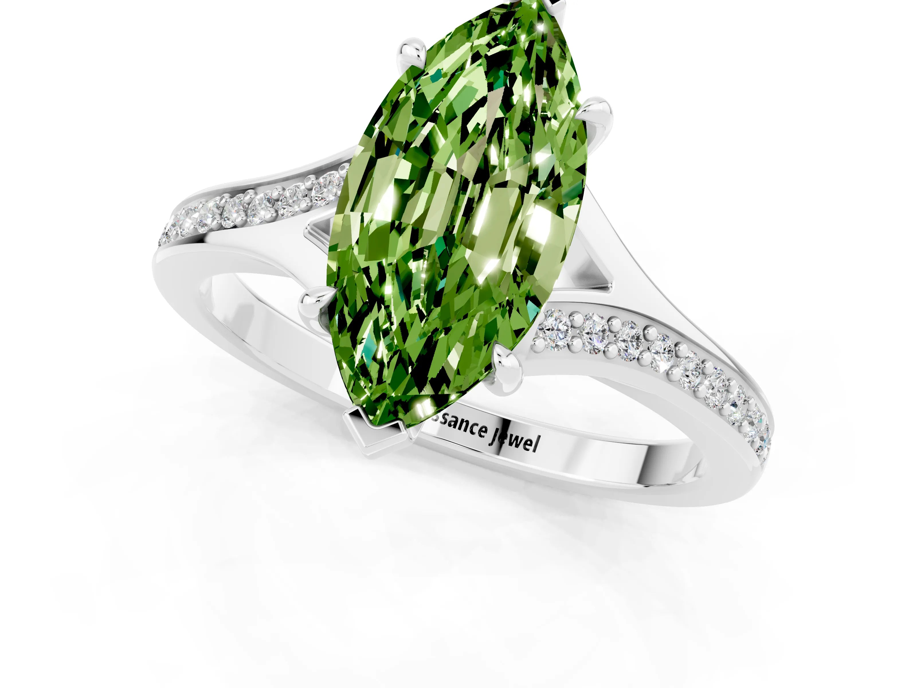 Platinum Marquise Cut Peridot Solitaire Ring with Pavé Band and Prong Setting_13