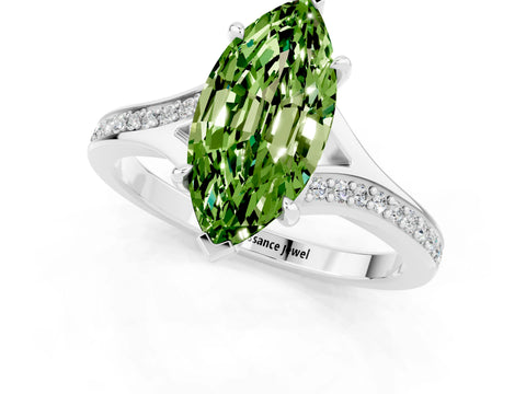 Platinum Marquise Cut Peridot Solitaire Ring with Pavé Band and Prong Setting_13